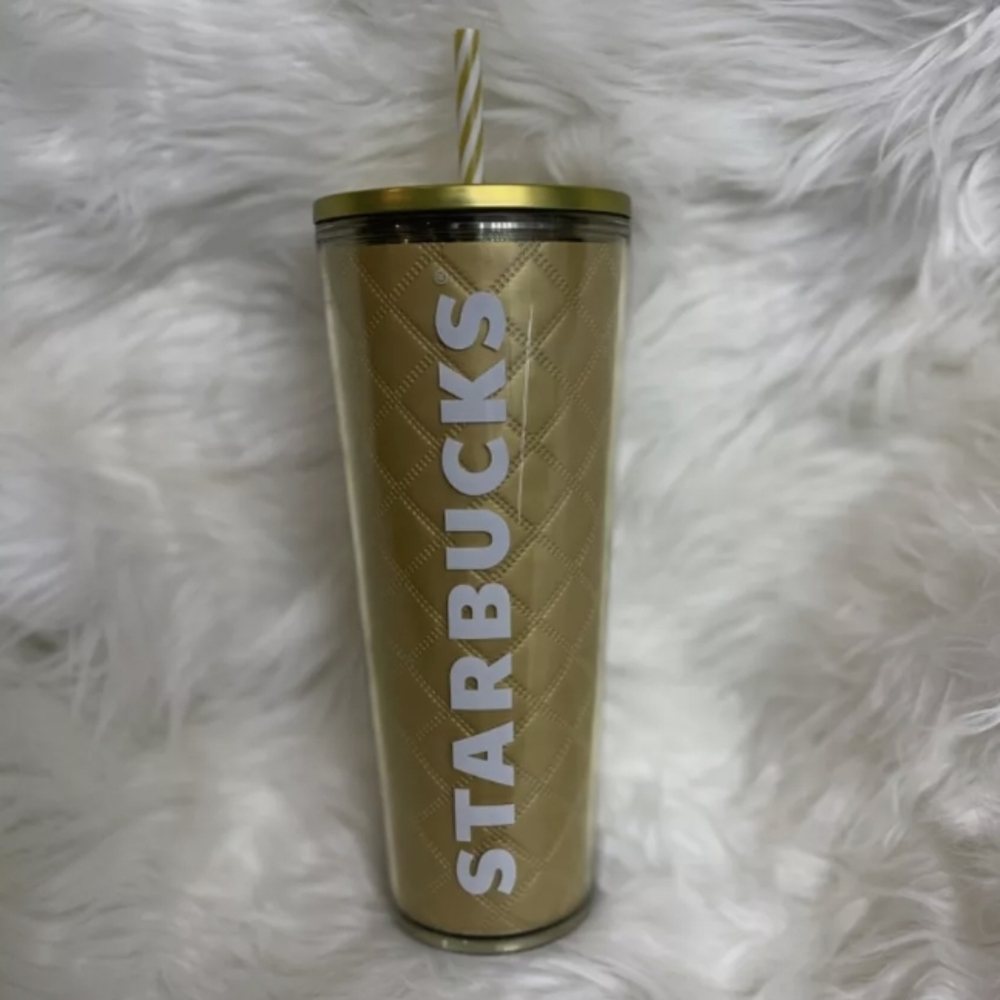 STARBUCKS METALLIC GOLD QUILTED 24oz VENTI TUMBLER COLD CUP